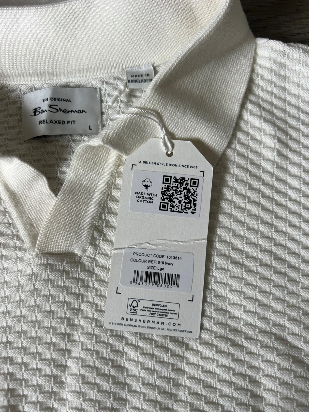 Ben Sherman Relaxed Fit Long Sleeve Textured Open Neck Knitted Polo in Ivory
